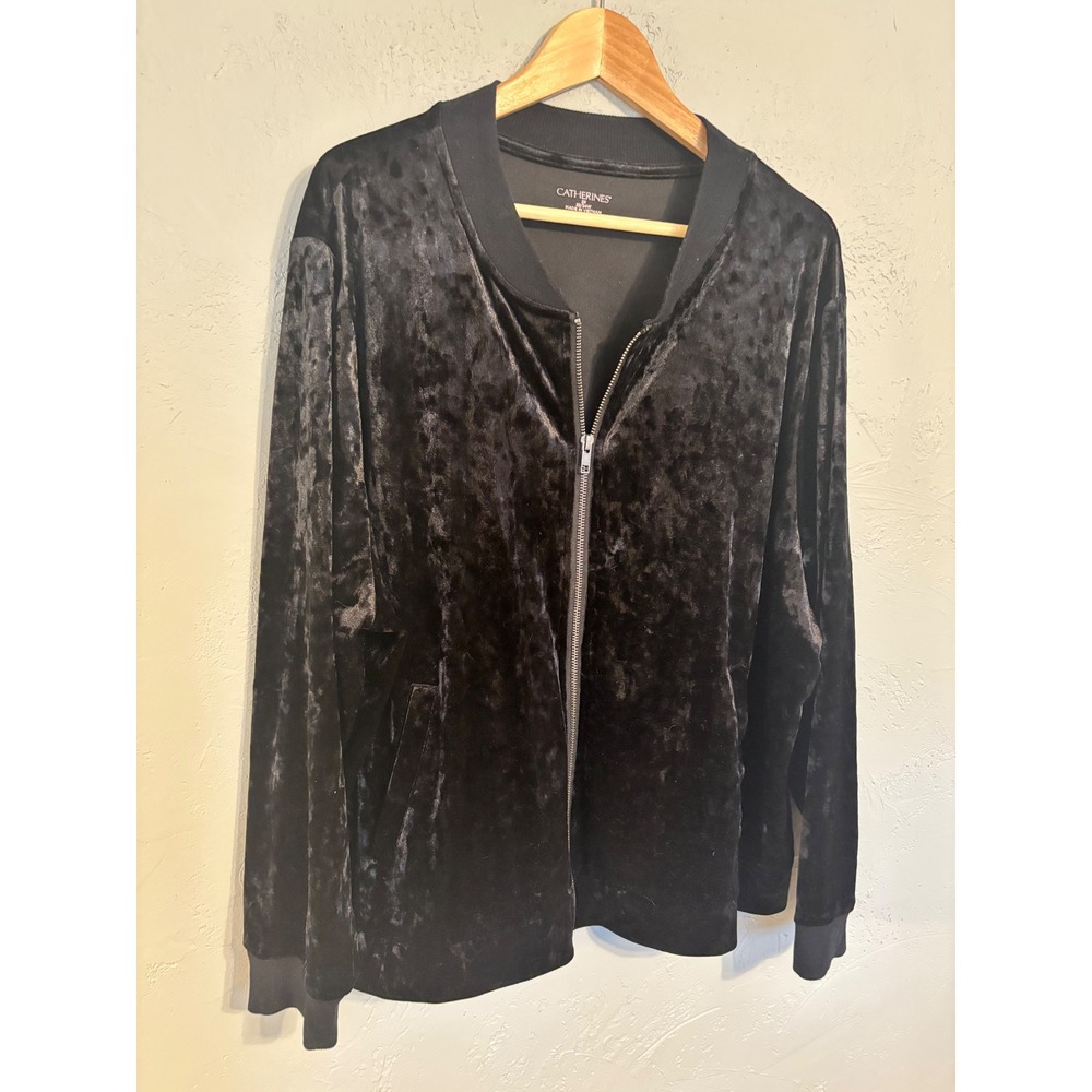 Catherines Black Crushed Velvet Bomber Jacket Womens 2X 22/24W Full Zip Pocketed